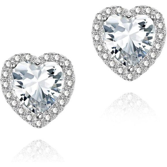 Women's Heart White Elegant Mall Dainty Halo Birthstone Cubic Zirconia Earring - Picture 1 of 6